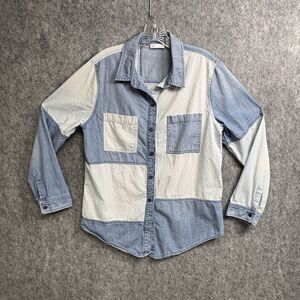 Leith Chambray Patchwork Blue Distressed Button Down Shirt Size Medium